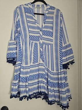 PARK MODA Blue White Geometric Print Tunic Mini Dress Pom Pom Trim Turkey S/M
